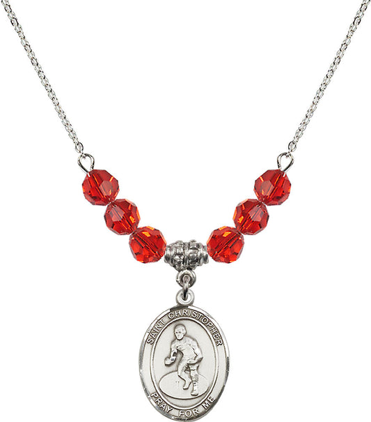 Sterling Silver Saint Christopher/Wrestling Birthstone Necklace with Ruby Beads - 8508