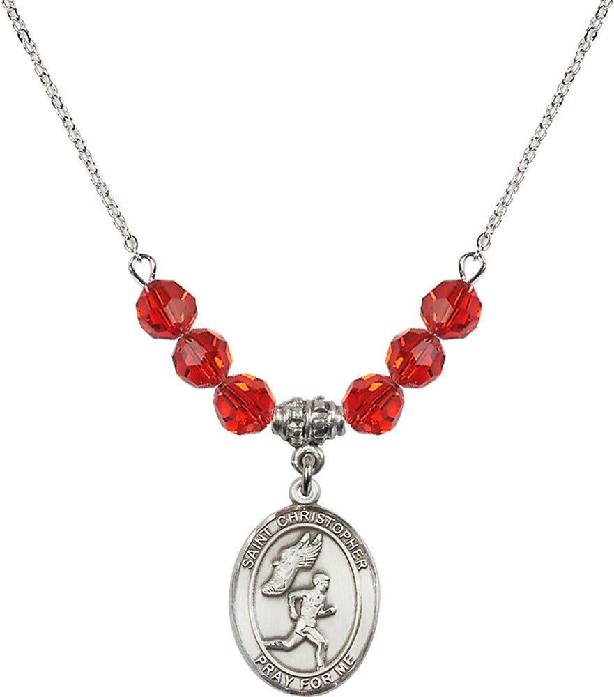 Sterling Silver Saint Christopher/Track&Field-Men Birthstone Necklace with Ruby Beads - 8509