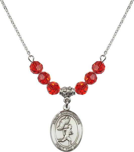 Sterling Silver Saint Christopher/Track&Field-Men Birthstone Necklace with Ruby Beads - 8509