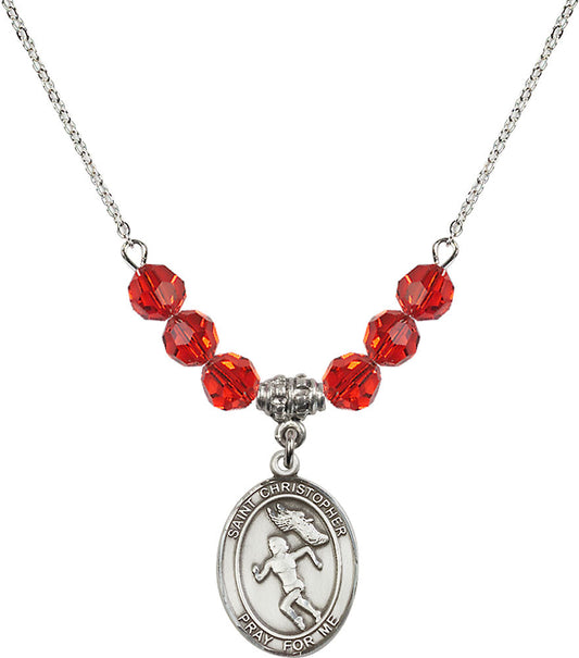 Sterling Silver Saint Christopher/Track&Field-Women Birthstone Necklace with Ruby Beads - 8510