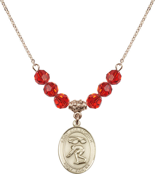14kt Gold Filled Saint Christopher/Swimming Birthstone Necklace with Ruby Beads - 8511