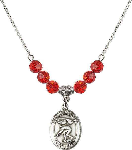 Sterling Silver Saint Christopher/Swimming Birthstone Necklace with Ruby Beads - 8511