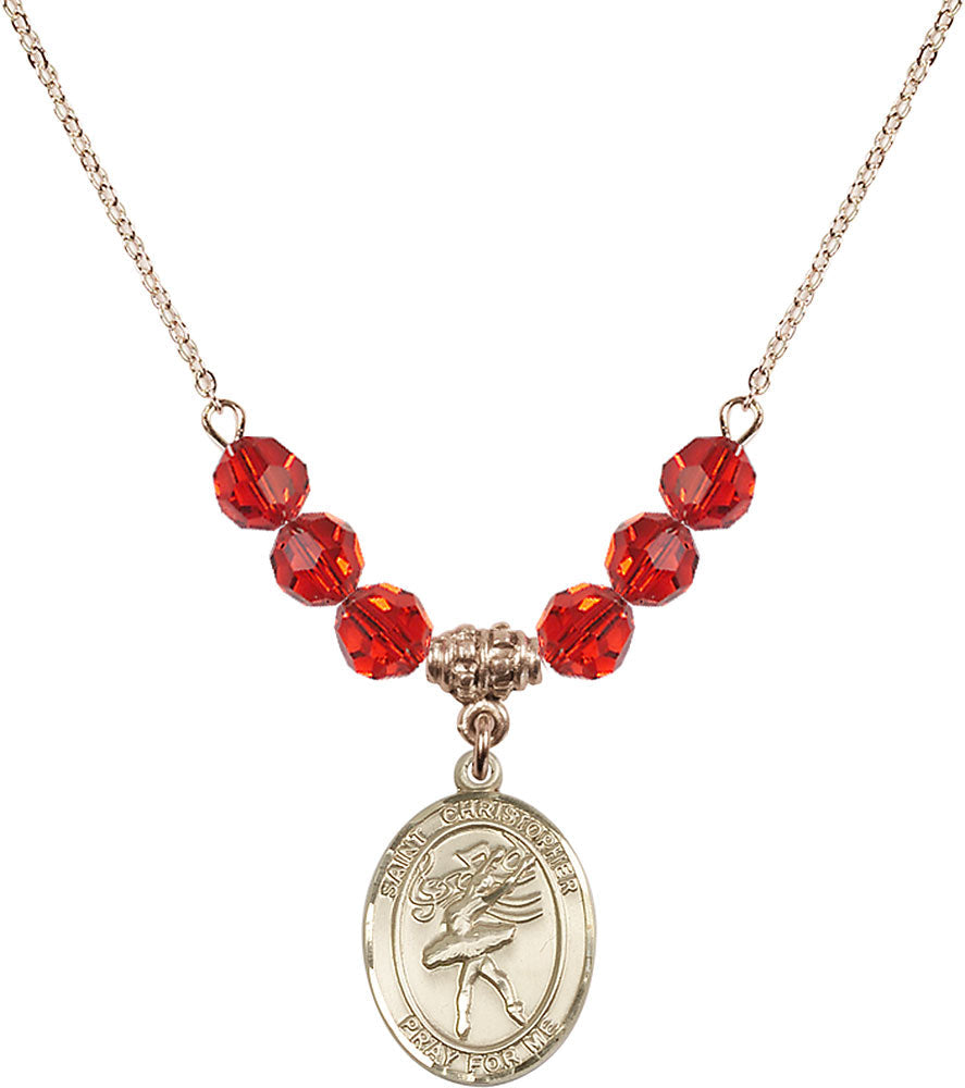 14kt Gold Filled Saint Christopher/Dance Birthstone Necklace with Ruby Beads - 8512