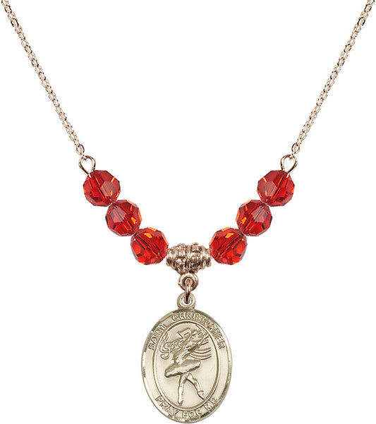 14kt Gold Filled Saint Christopher/Dance Birthstone Necklace with Ruby Beads - 8512