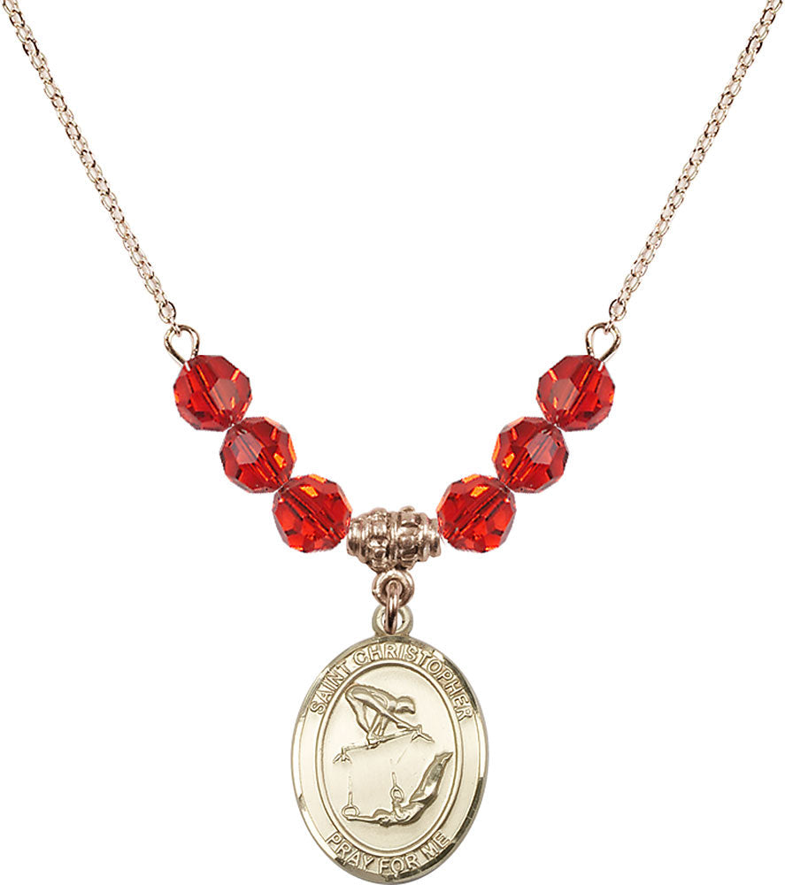 14kt Gold Filled Saint Christopher/Gymnastics Birthstone Necklace with Ruby Beads - 8513