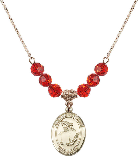 14kt Gold Filled Saint Christopher/Gymnastics Birthstone Necklace with Ruby Beads - 8513