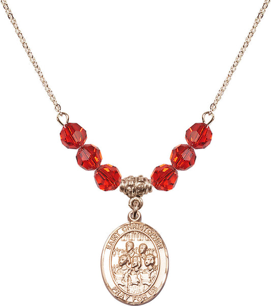 14kt Gold Filled Saint Christopher / Choir Birthstone Necklace with Ruby Beads - 8514