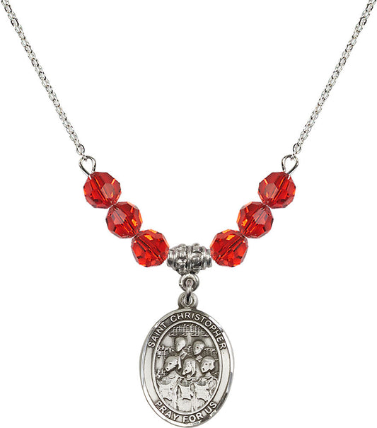 Sterling Silver Saint Christopher / Choir Birthstone Necklace with Ruby Beads - 8514