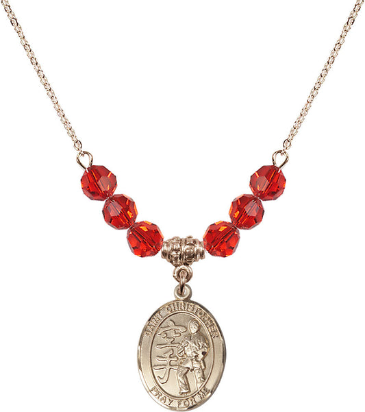 14kt Gold Filled Saint Christopher / Karate Birthstone Necklace with Ruby Beads - 8515