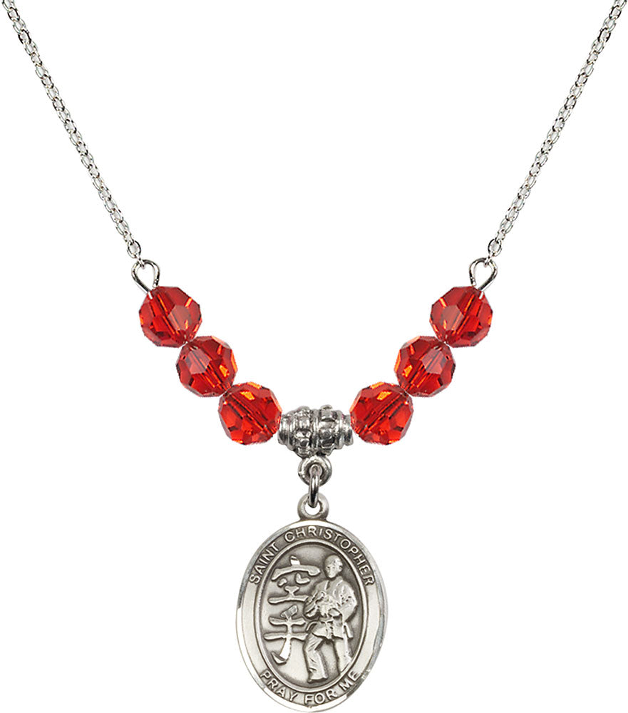 Sterling Silver Saint Christopher / Karate Birthstone Necklace with Ruby Beads - 8515