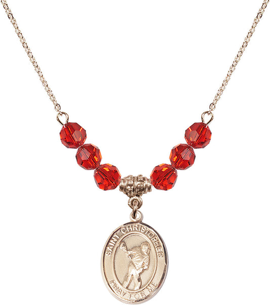 14kt Gold Filled Saint Christopher/Lacrosse Birthstone Necklace with Ruby Beads - 8516