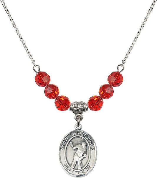 Sterling Silver Saint Christopher/Lacrosse Birthstone Necklace with Ruby Beads - 8516