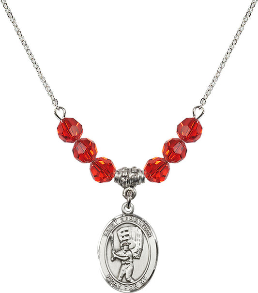 Sterling Silver Saint Sebastian / Baseball Birthstone Necklace with Ruby Beads - 8600