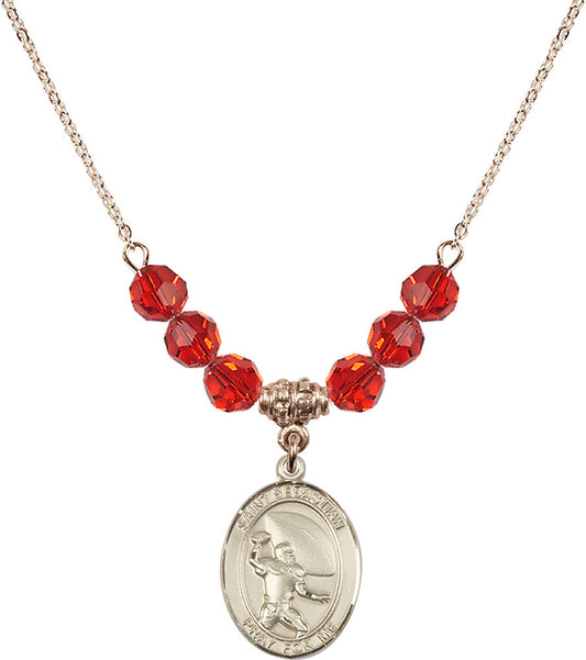 14kt Gold Filled Saint Sebastian / Football Birthstone Necklace with Ruby Beads - 8601