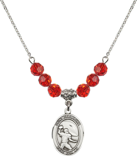 Sterling Silver Saint Sebastian / Football Birthstone Necklace with Ruby Beads - 8601