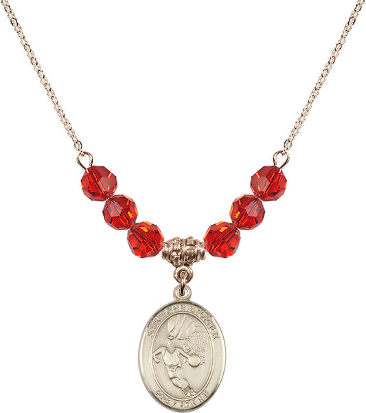 14kt Gold Filled Saint Sebastian/Basketball Birthstone Necklace with Ruby Beads - 8602