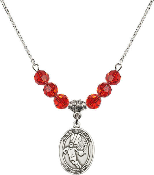 Sterling Silver Saint Sebastian/Basketball Birthstone Necklace with Ruby Beads - 8602