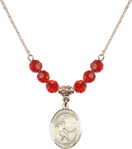 14kt Gold Filled Saint Sebastian / Soccer Birthstone Necklace with Ruby Beads - 8603