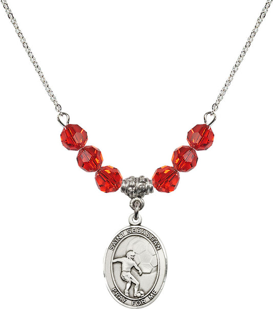 Sterling Silver Saint Sebastian / Soccer Birthstone Necklace with Ruby Beads - 8603