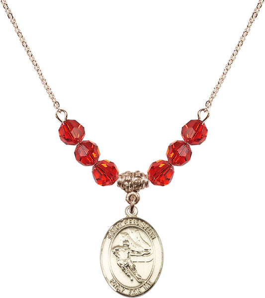14kt Gold Filled Saint Sebastian / Hockey Birthstone Necklace with Ruby Beads - 8604