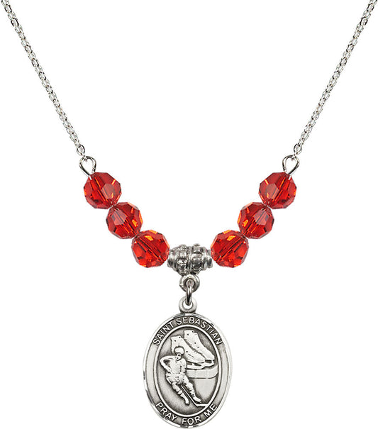 Sterling Silver Saint Sebastian / Hockey Birthstone Necklace with Ruby Beads - 8604