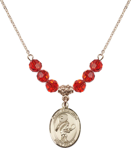 14kt Gold Filled Saint Sebastian / Tennis Birthstone Necklace with Ruby Beads - 8605