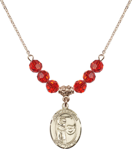 14kt Gold Filled Saint Sebastian / Golf Birthstone Necklace with Ruby Beads - 8606