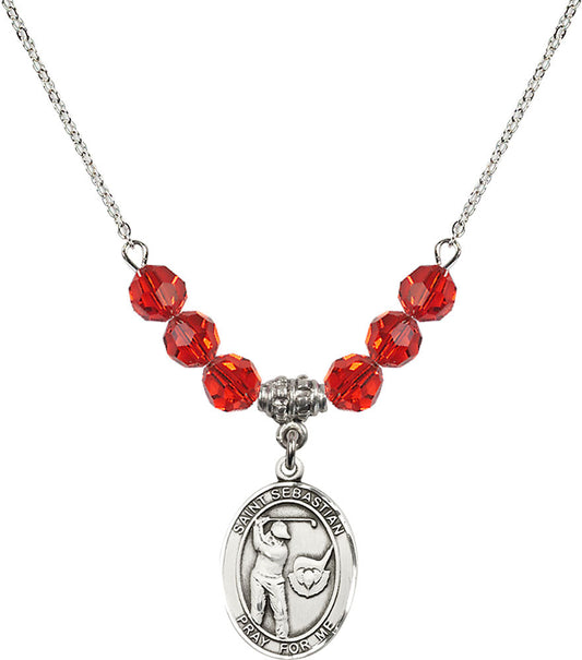 Sterling Silver Saint Sebastian / Golf Birthstone Necklace with Ruby Beads - 8606
