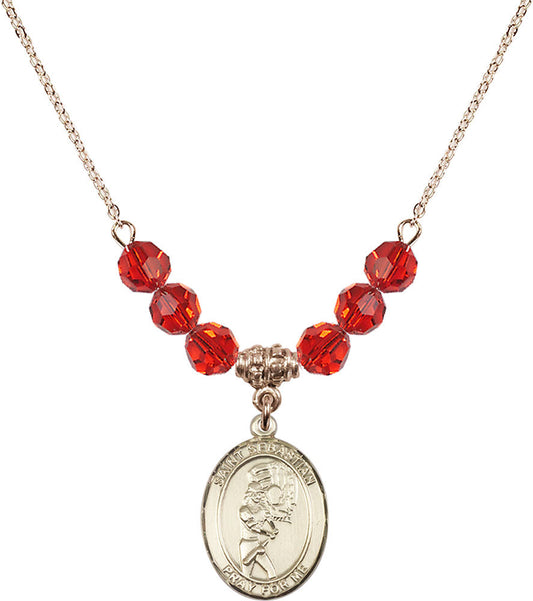 14kt Gold Filled Saint Sebastian/Softball Birthstone Necklace with Ruby Beads - 8607