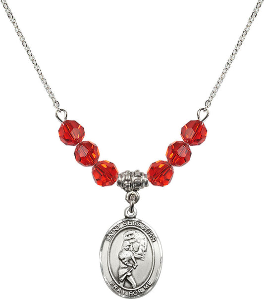 Sterling Silver Saint Sebastian/Softball Birthstone Necklace with Ruby Beads - 8607