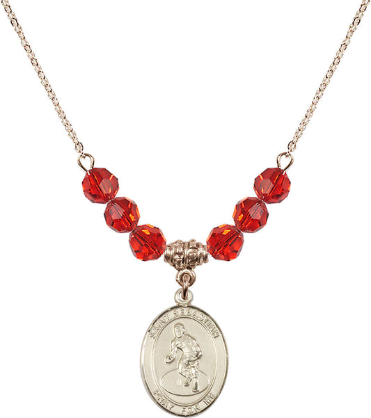 14kt Gold Filled Saint Sebastian/Wrestling Birthstone Necklace with Ruby Beads - 8608