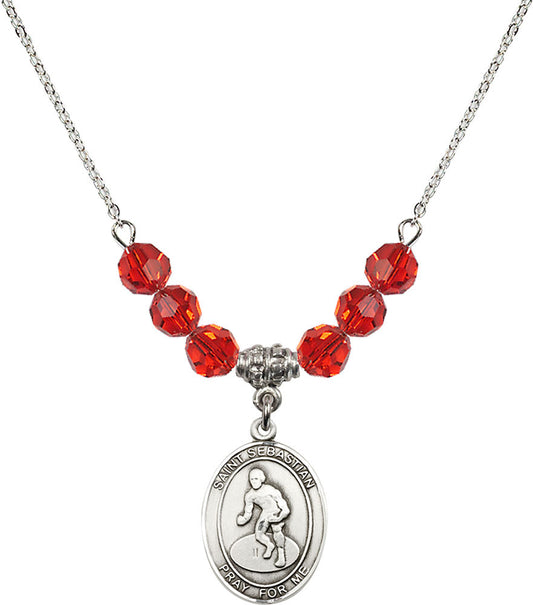 Sterling Silver Saint Sebastian/Wrestling Birthstone Necklace with Ruby Beads - 8608