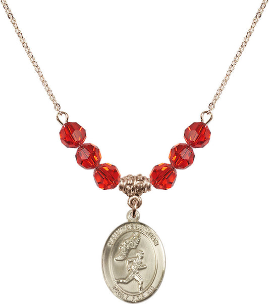 14kt Gold Filled Saint Sebastian /Track&Field-Men Birthstone Necklace with Ruby Beads - 8609