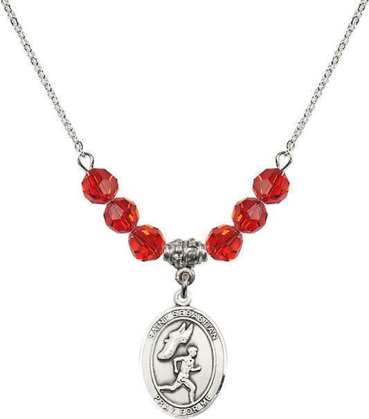 Sterling Silver Saint Sebastian /Track&Field-Men Birthstone Necklace with Ruby Beads - 8609
