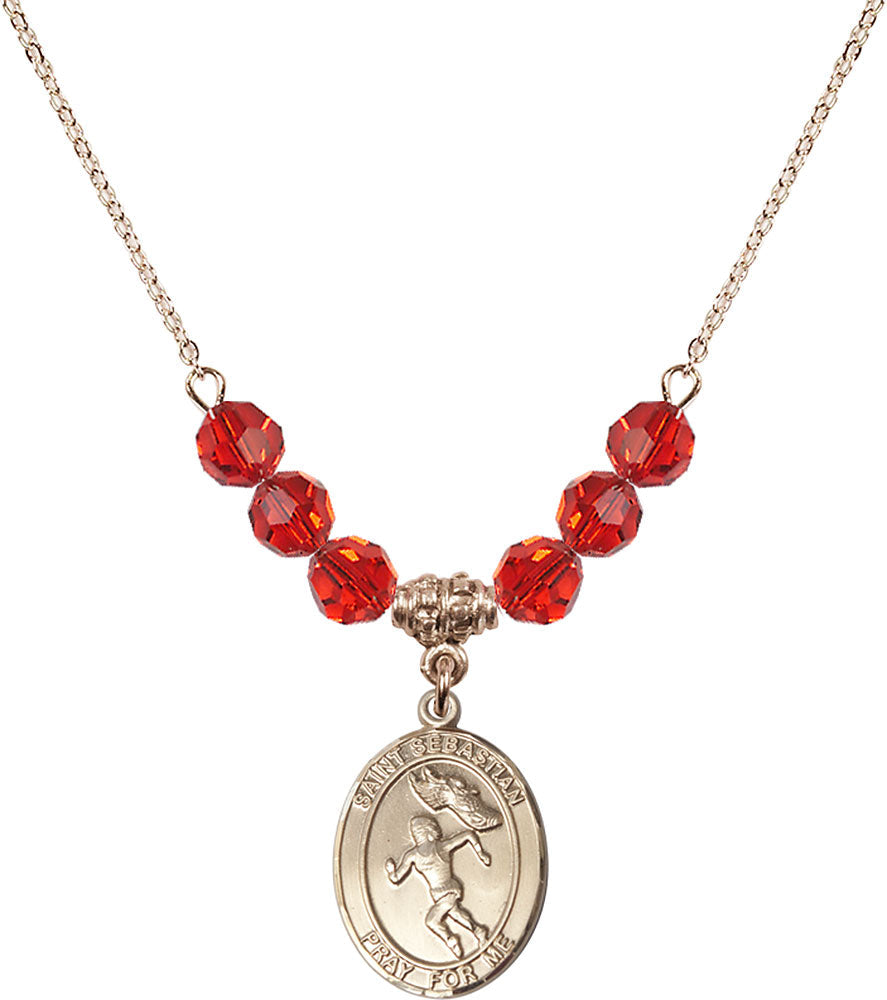 14kt Gold Filled Saint Sebastian /Track&Field-Women Birthstone Necklace with Ruby Beads - 8610