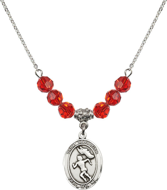 Sterling Silver Saint Sebastian /Track&Field-Women Birthstone Necklace with Ruby Beads - 8610