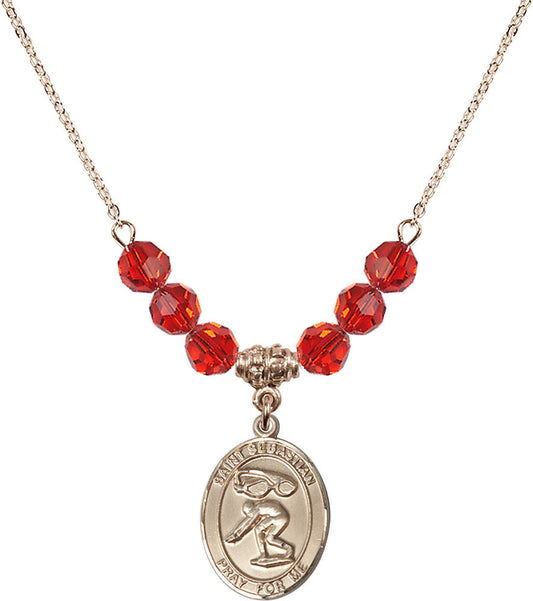 14kt Gold Filled Saint Sebastian/Swimming Birthstone Necklace with Ruby Beads - 8611