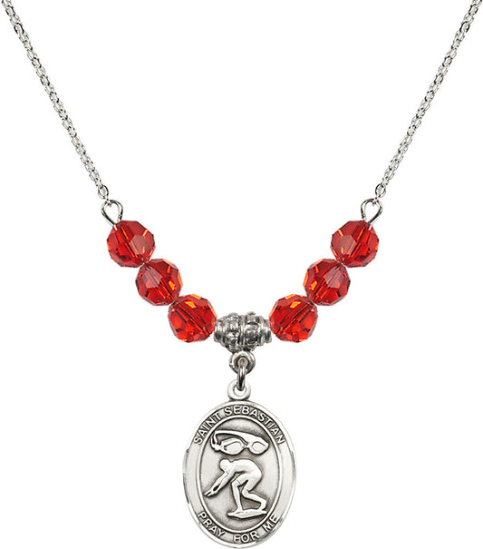 Sterling Silver Saint Sebastian/Swimming Birthstone Necklace with Ruby Beads - 8611