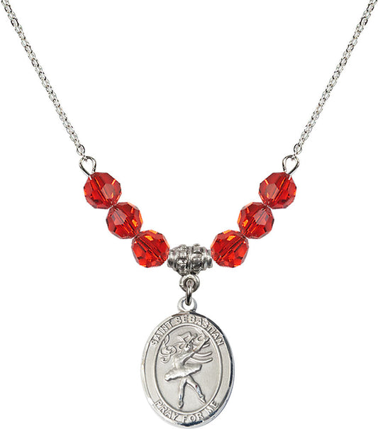 Sterling Silver Saint Sebastian / Dance Birthstone Necklace with Ruby Beads - 8612