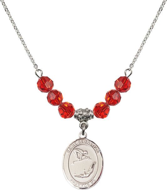 Sterling Silver Saint Sebastian/Gymnastics Birthstone Necklace with Ruby Beads - 8613