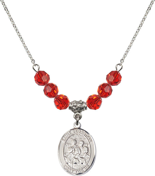 Sterling Silver Saint Sebastian / Choir Birthstone Necklace with Ruby Beads - 8614