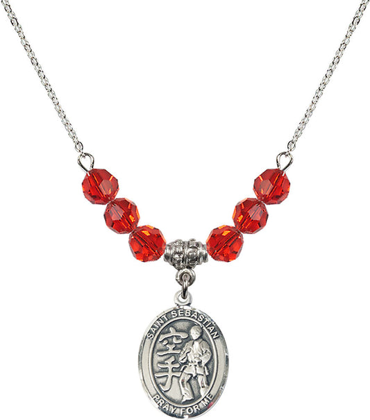 Sterling Silver Saint Sebastian/Karate Birthstone Necklace with Ruby Beads - 8615