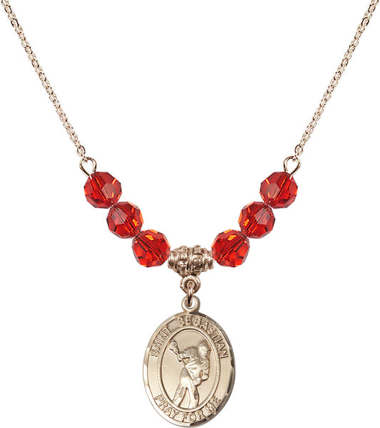 14kt Gold Filled Saint Sebastian/Lacrosse Birthstone Necklace with Ruby Beads - 8616
