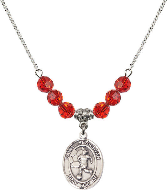 Sterling Silver Saint Sebastian/Soccer-Women Birthstone Necklace with Ruby Beads - 8617