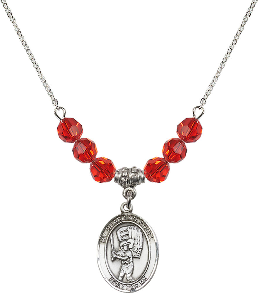 Sterling Silver Guardian Angel/Baseball Birthstone Necklace with Ruby Beads - 8700