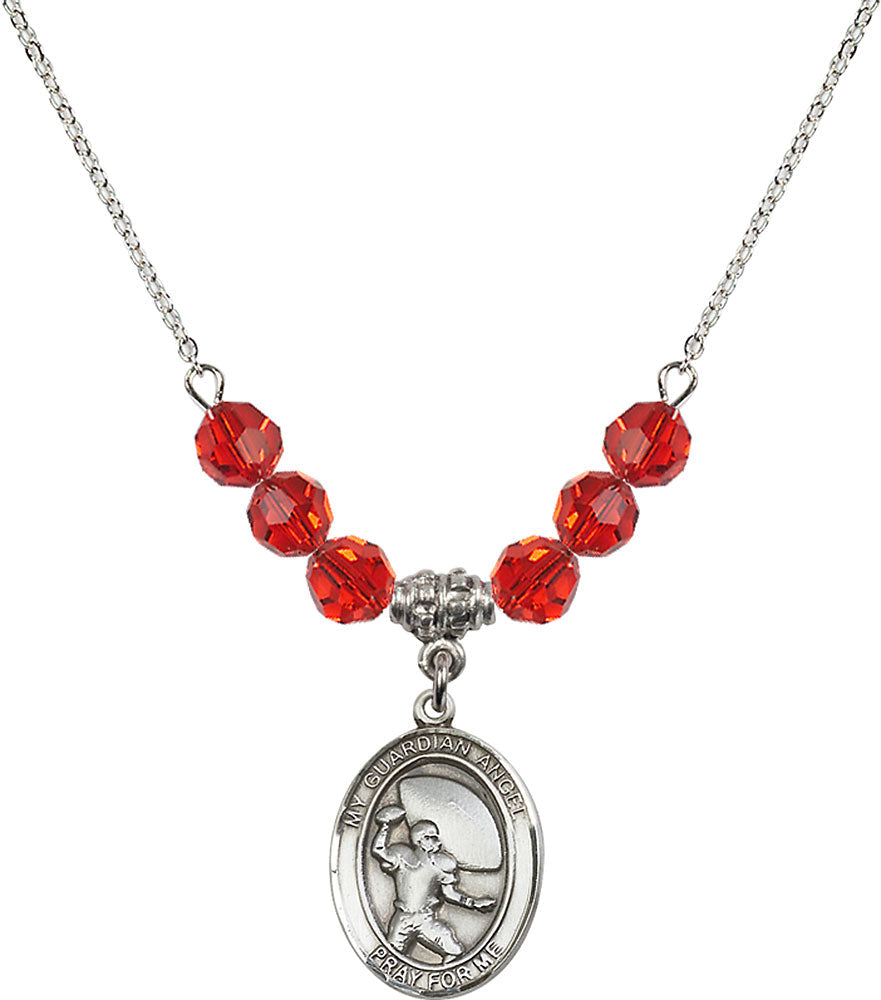 Sterling Silver Guardian Angel/Football Birthstone Necklace with Ruby Beads - 8701