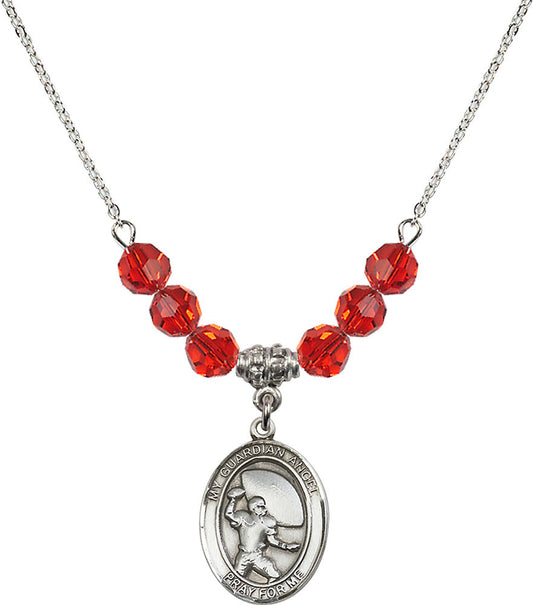 Sterling Silver Guardian Angel/Football Birthstone Necklace with Ruby Beads - 8701