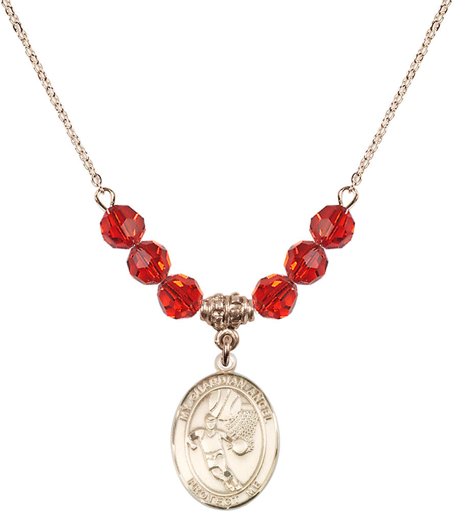 14kt Gold Filled Guardian Angel/Basketball Birthstone Necklace with Ruby Beads - 8702