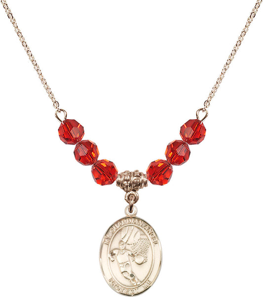 14kt Gold Filled Guardian Angel/Basketball Birthstone Necklace with Ruby Beads - 8702