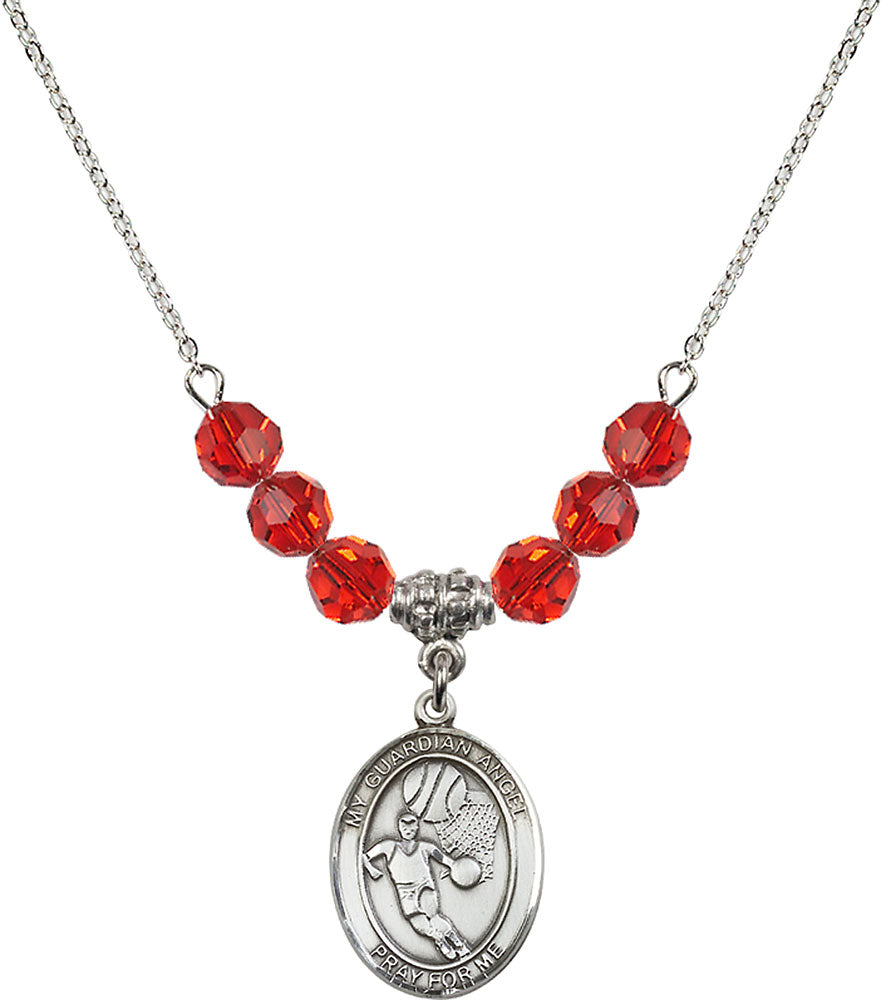 Sterling Silver Guardian Angel/Basketball Birthstone Necklace with Ruby Beads - 8702